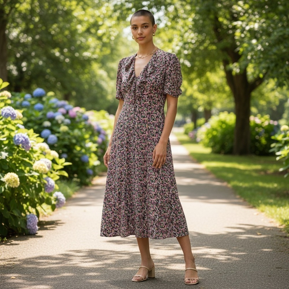 Vintage 90s Pink Floral sz 12 Ruffle Collar Romantic Tea Dress‎ Midi cottagecore
